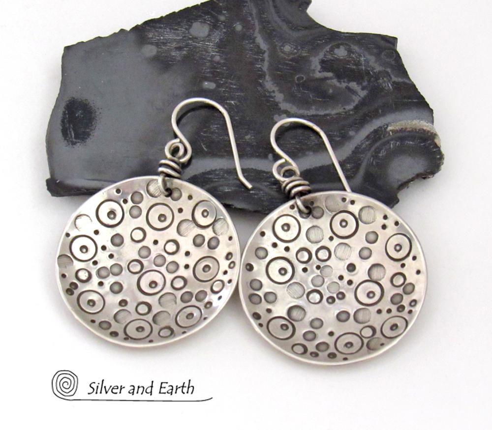 Sterling Silver Circle Earrings with Unique Hand Stamped Texture - Artisan Handcrafted Bold Artsy Modern Silver Jewelry