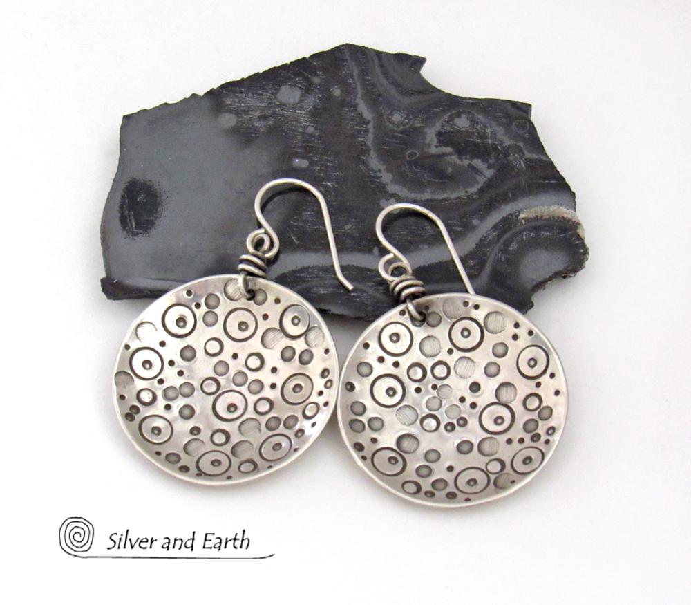 Sterling Silver Circle Earrings with Unique Hand Stamped Texture - Artisan Handcrafted Bold Artsy Modern Silver Jewelry