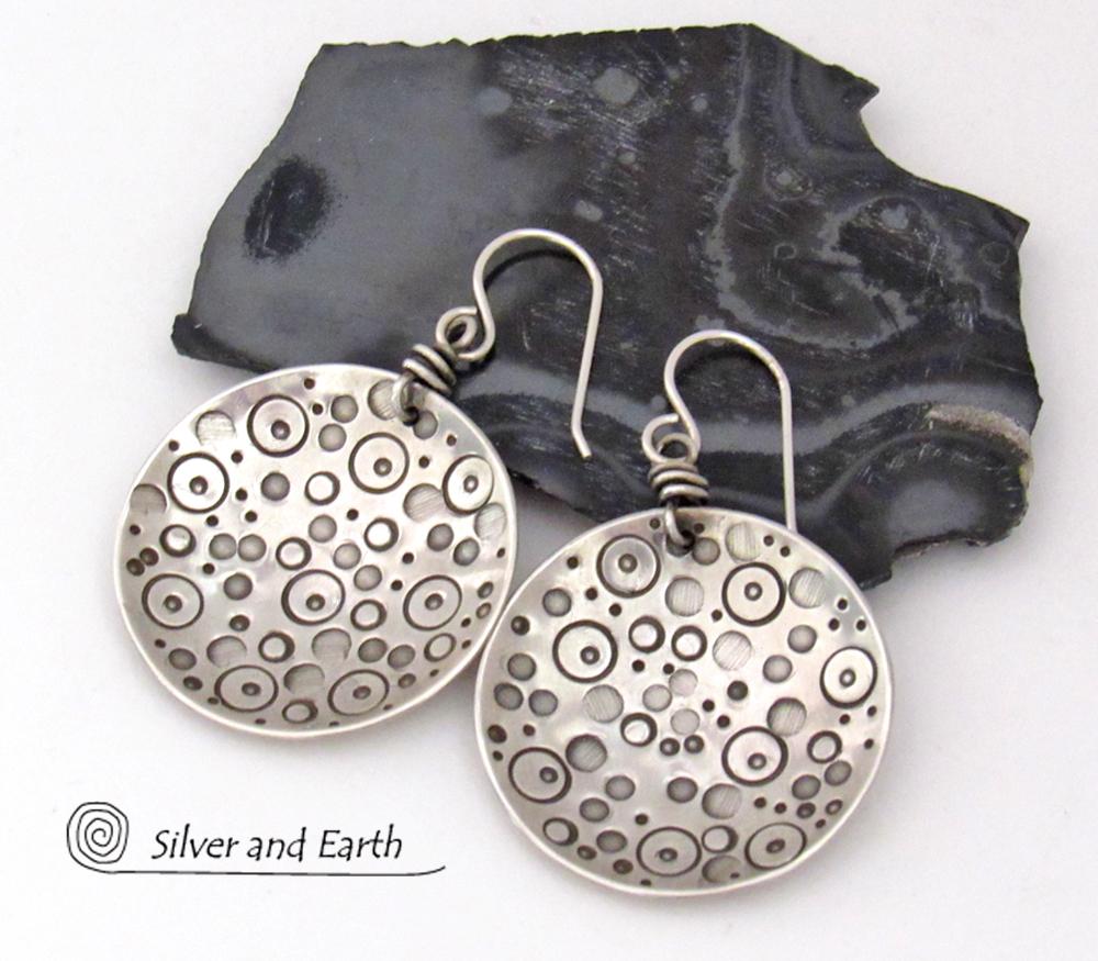 Sterling Silver Circle Earrings with Unique Hand Stamped Texture - Artisan Handcrafted Bold Artsy Modern Silver Jewelry