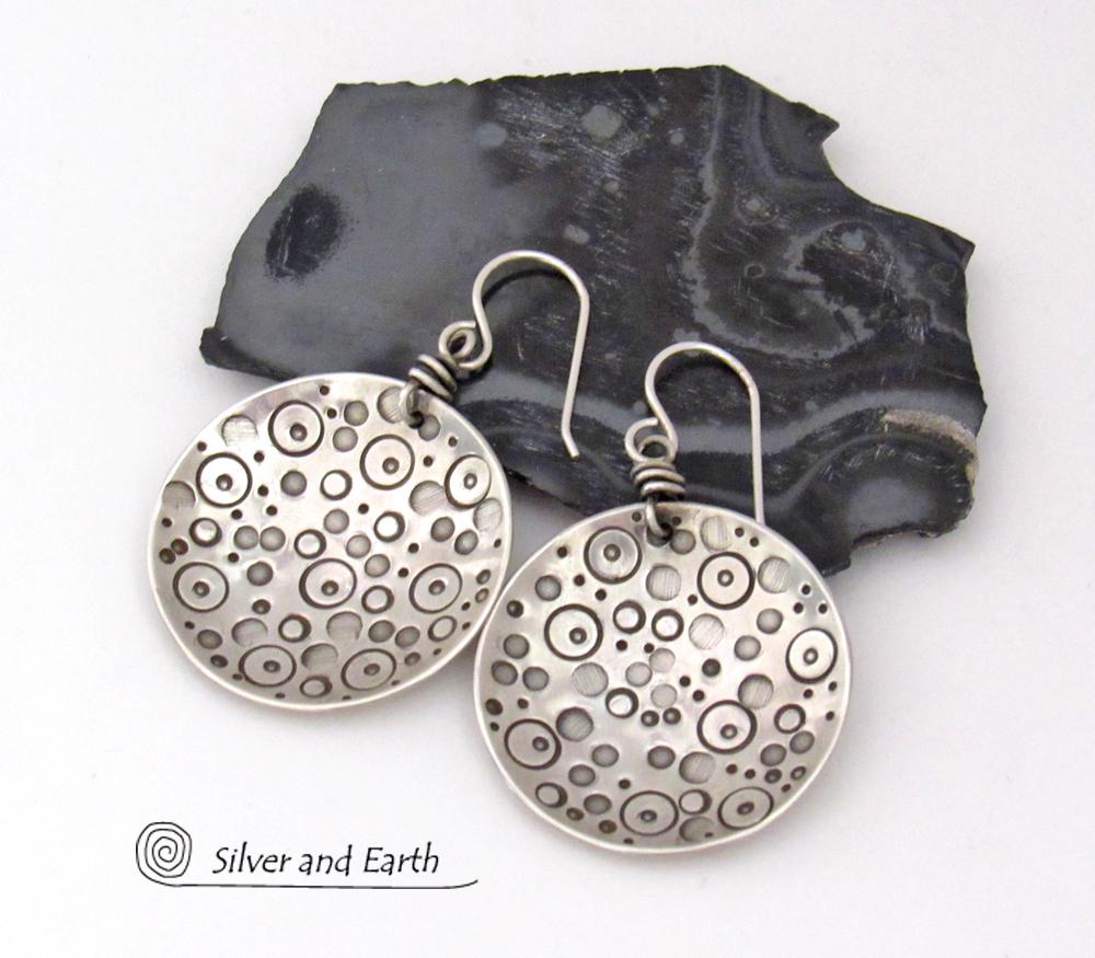 Sterling Silver Circle Earrings with Unique Hand Stamped Texture - Artisan Handcrafted Bold Artsy Modern Silver Jewelry