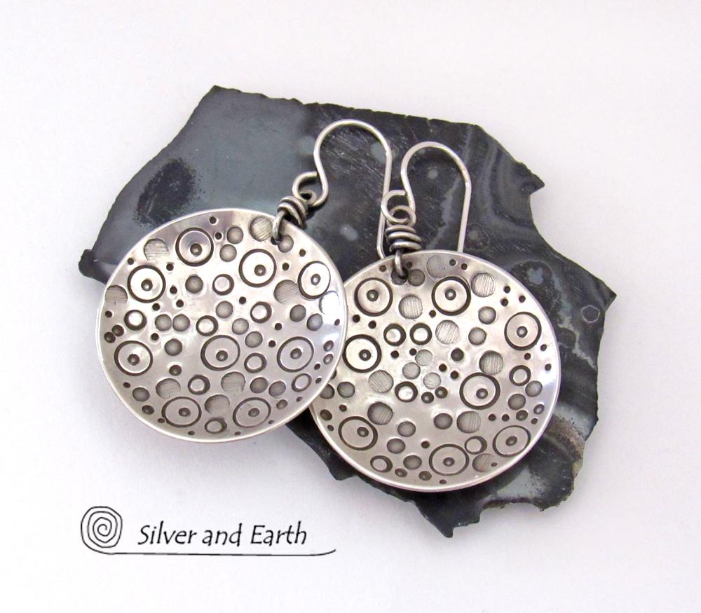 Sterling Silver Circle Earrings with Unique Hand Stamped Texture - Artisan Handcrafted Bold Artsy Modern Silver Jewelry