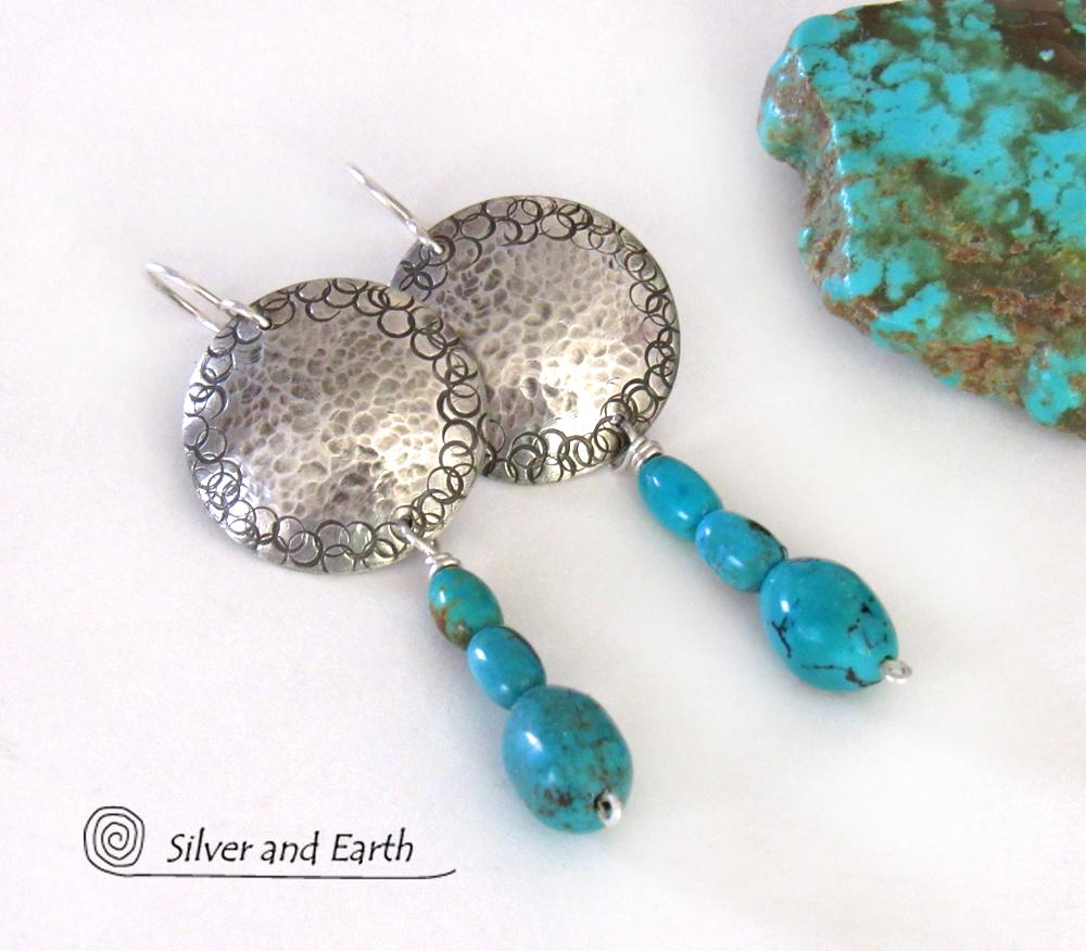 Round Sterling Silver Earrings with Dangling Turquoise Stones - Artisan Handcrafted Southwest Style Jewelry