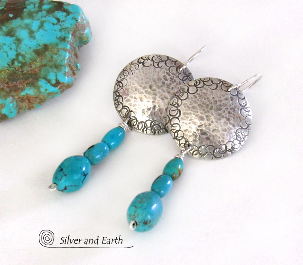 Round Sterling Silver Earrings with Dangling Turquoise Stones - Artisan Handcrafted Southwest Style Jewelry