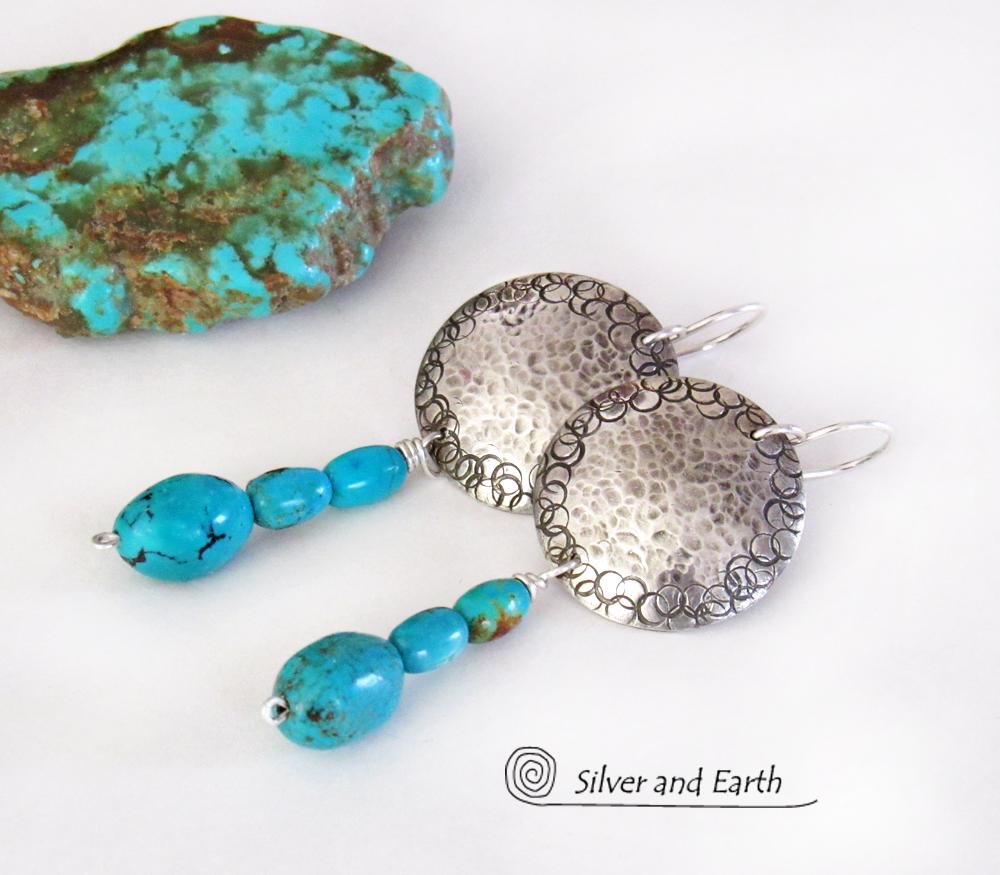 Round Sterling Silver Earrings with Dangling Turquoise Stones - Artisan Handcrafted Southwest Style Jewelry