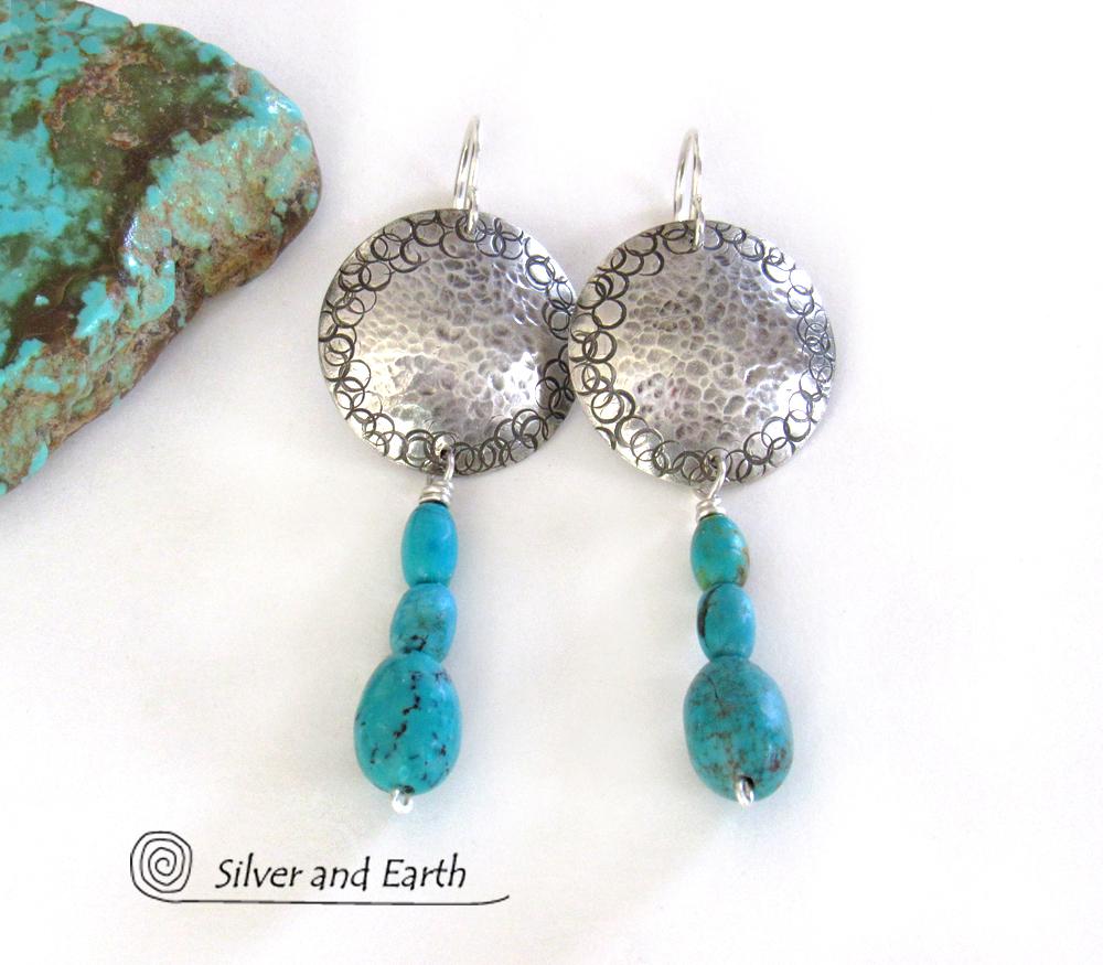 Round Sterling Silver Earrings with Dangling Turquoise Stones - Artisan Handcrafted Southwest Style Jewelry