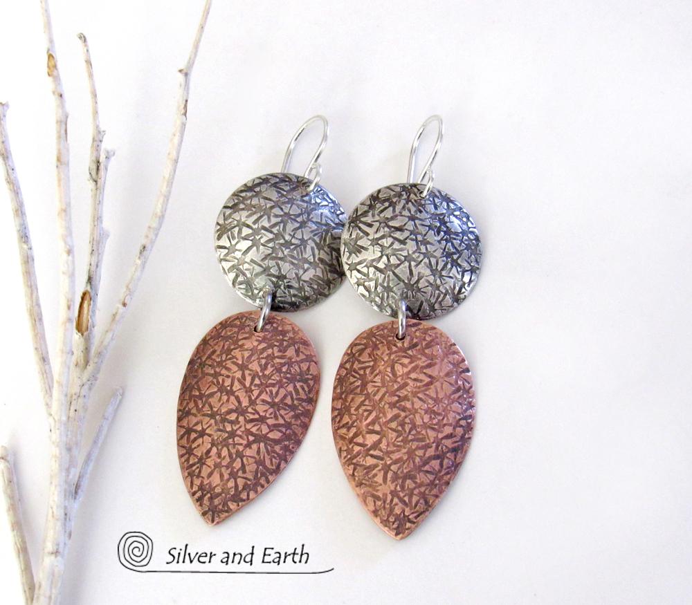 Textured Sterling Silver & Copper Mixed Metal Earrings - Contemporary Modern Jewelry