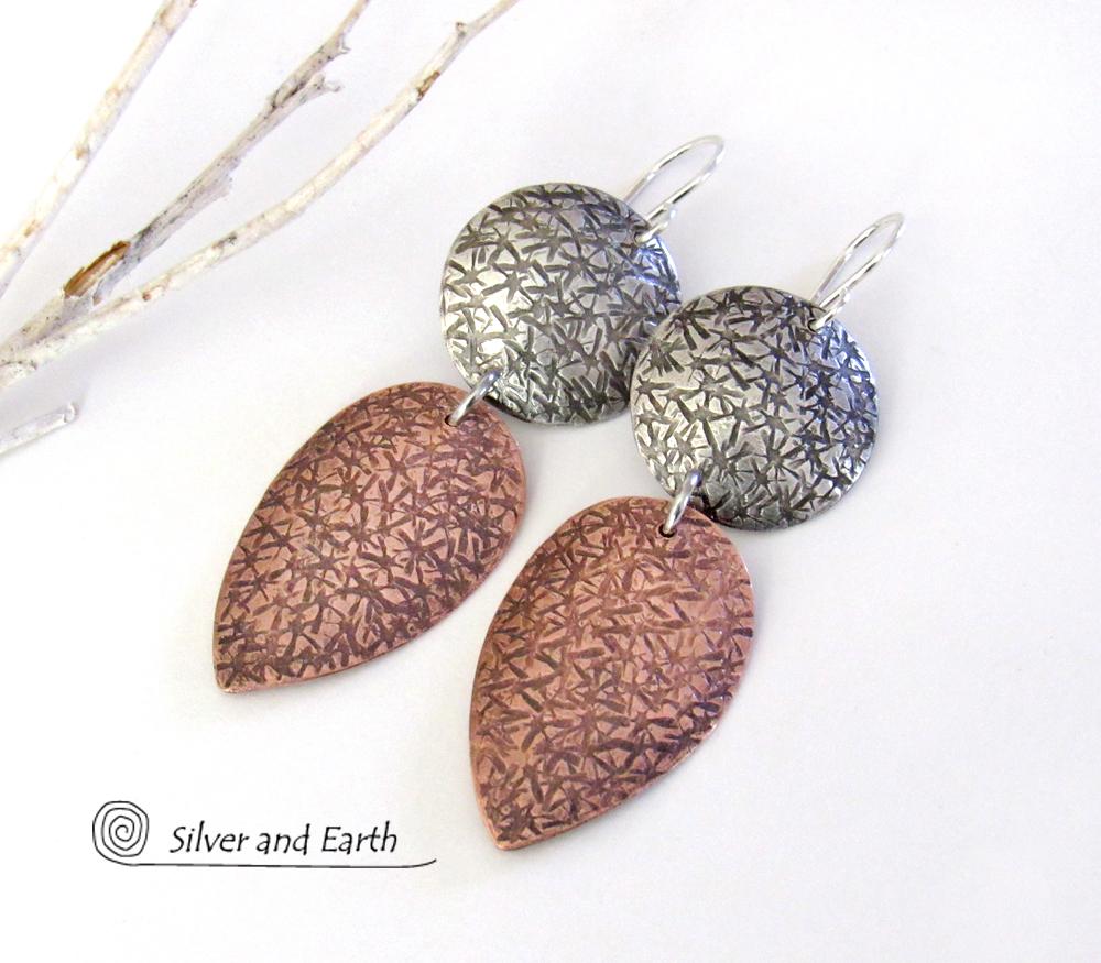 Textured Sterling Silver & Copper Mixed Metal Earrings - Contemporary Modern Jewelry