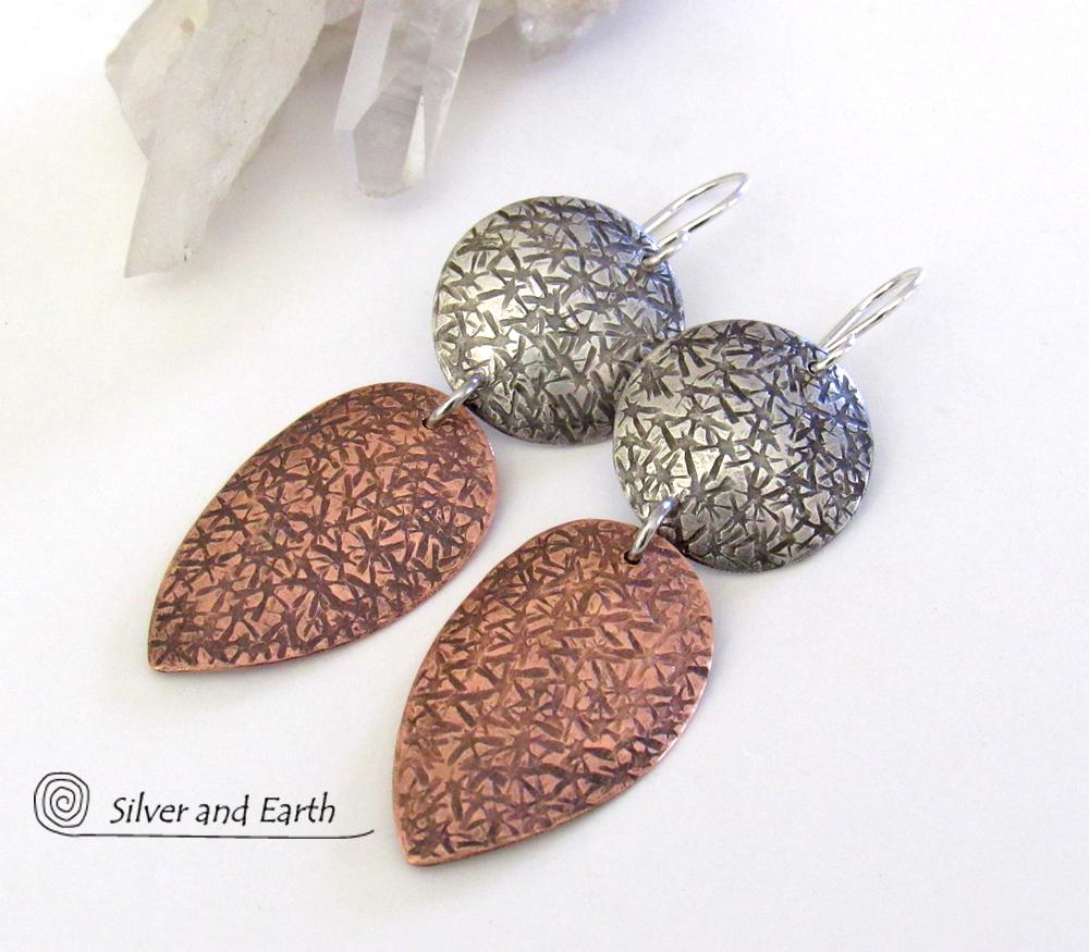 Textured Sterling Silver & Copper Mixed Metal Earrings - Contemporary Modern Jewelry