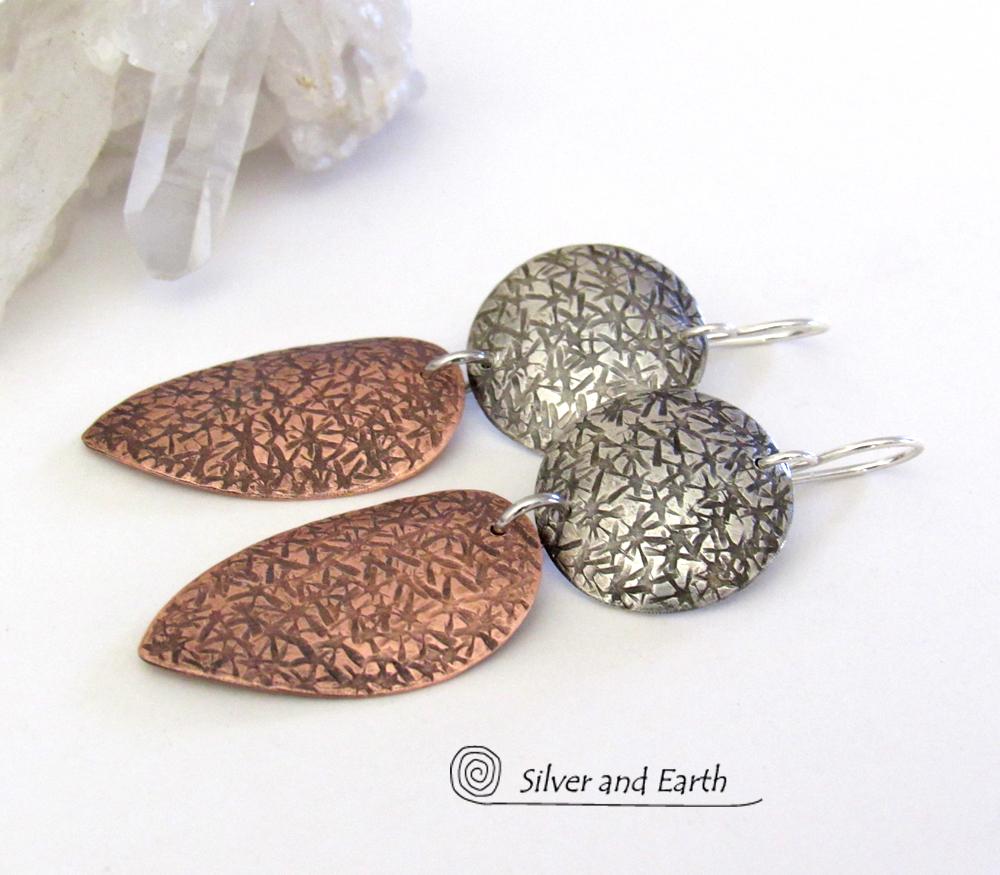 Textured Sterling Silver & Copper Mixed Metal Earrings - Contemporary Modern Jewelry