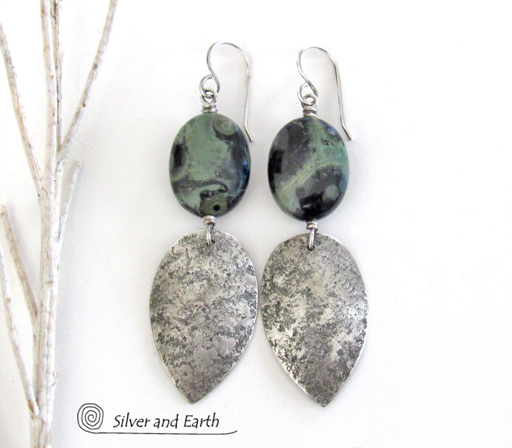 Kambaba Jasper Sterling Silver Earrings - Rustic Earthy Natural Stone Jewelry