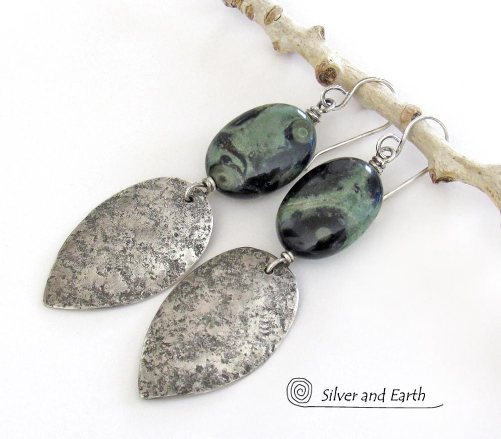 Kambaba Jasper Sterling Silver Earrings - Rustic Earthy Natural Stone Jewelry