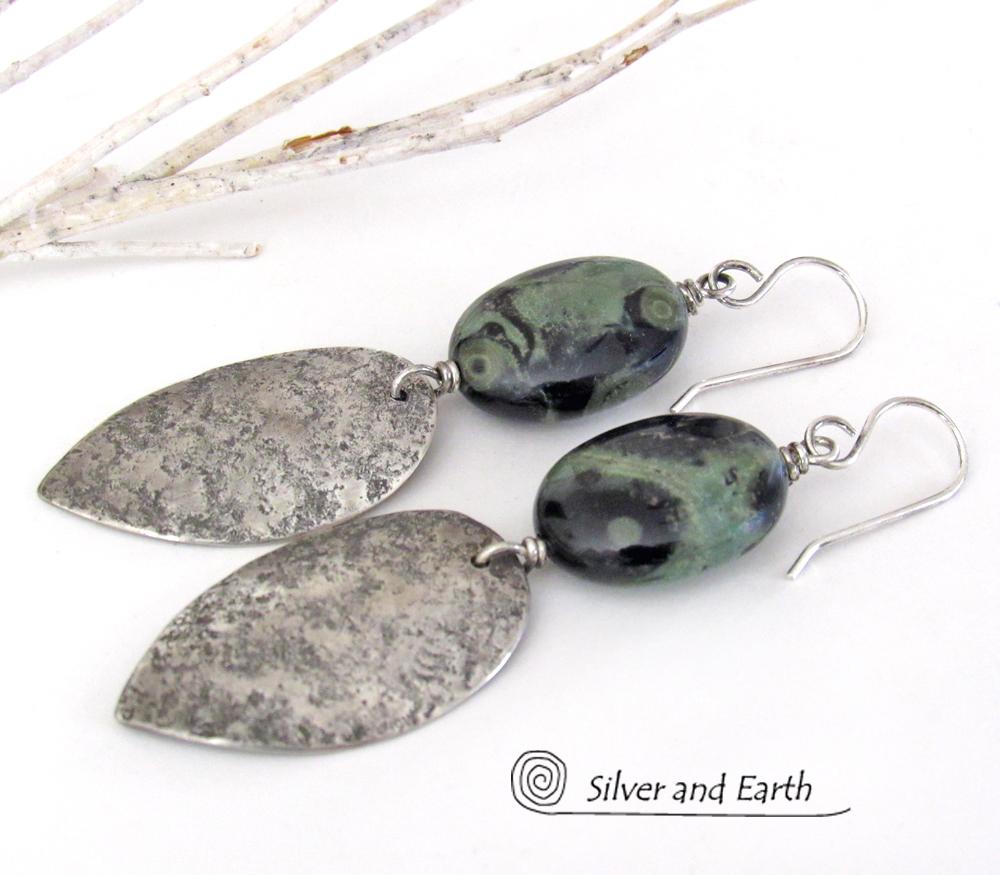 Kambaba Jasper Sterling Silver Earrings - Rustic Earthy Natural Stone Jewelry