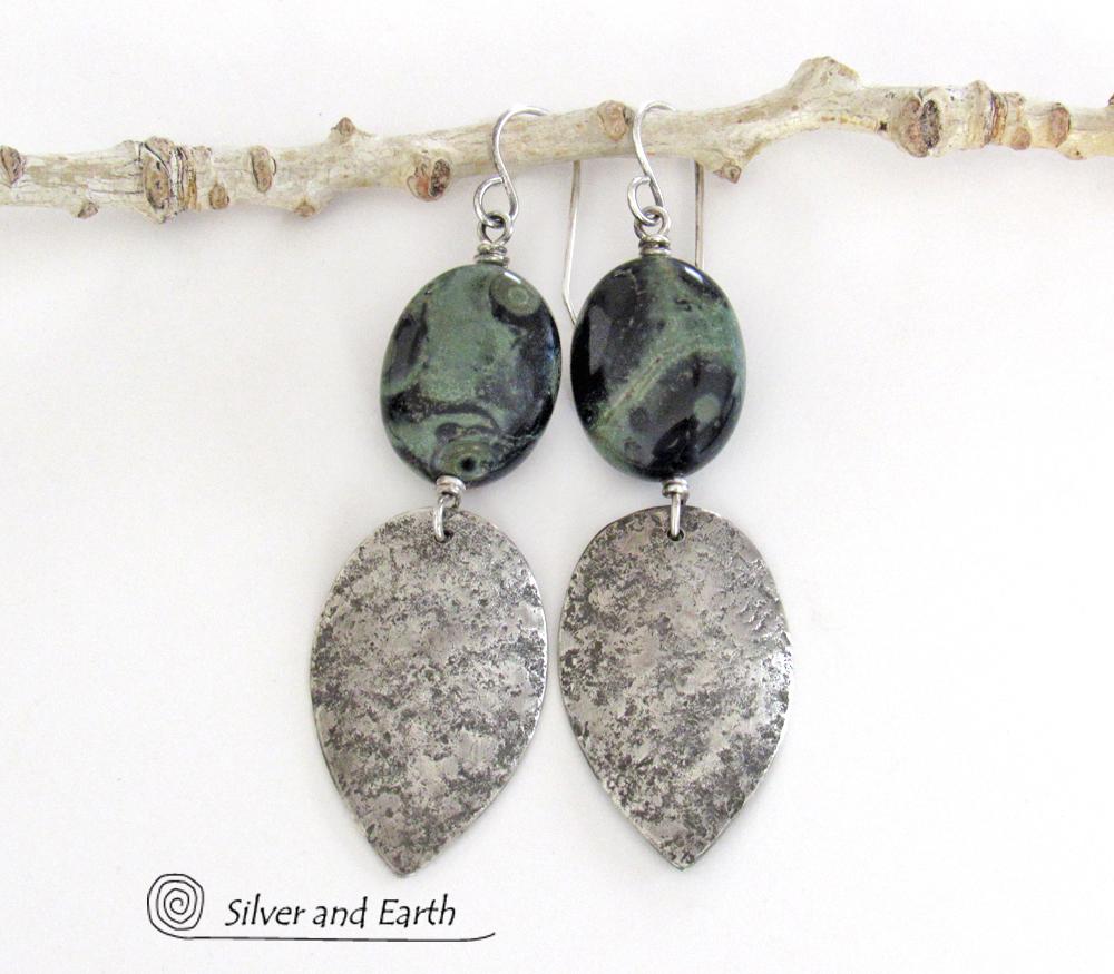 Kambaba Jasper Sterling Silver Earrings - Rustic Earthy Natural Stone Jewelry