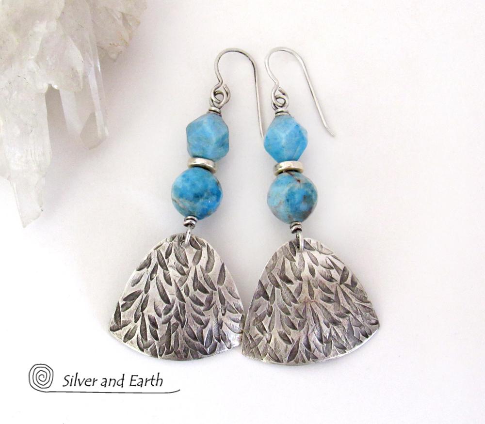 Textured Sterling Silver Earrings with Blue Apatite Gemstones -  Artisan Handcrafted Modern Sterling & Stone Jewelry