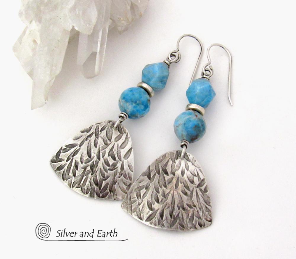 Textured Sterling Silver Earrings with Blue Apatite Gemstones -  Artisan Handcrafted Modern Sterling & Stone Jewelry