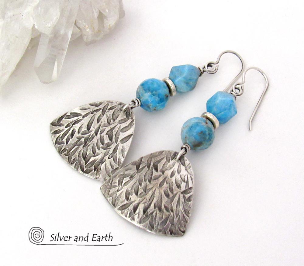 Textured Sterling Silver Earrings with Blue Apatite Gemstones -  Artisan Handcrafted Modern Sterling & Stone Jewelry