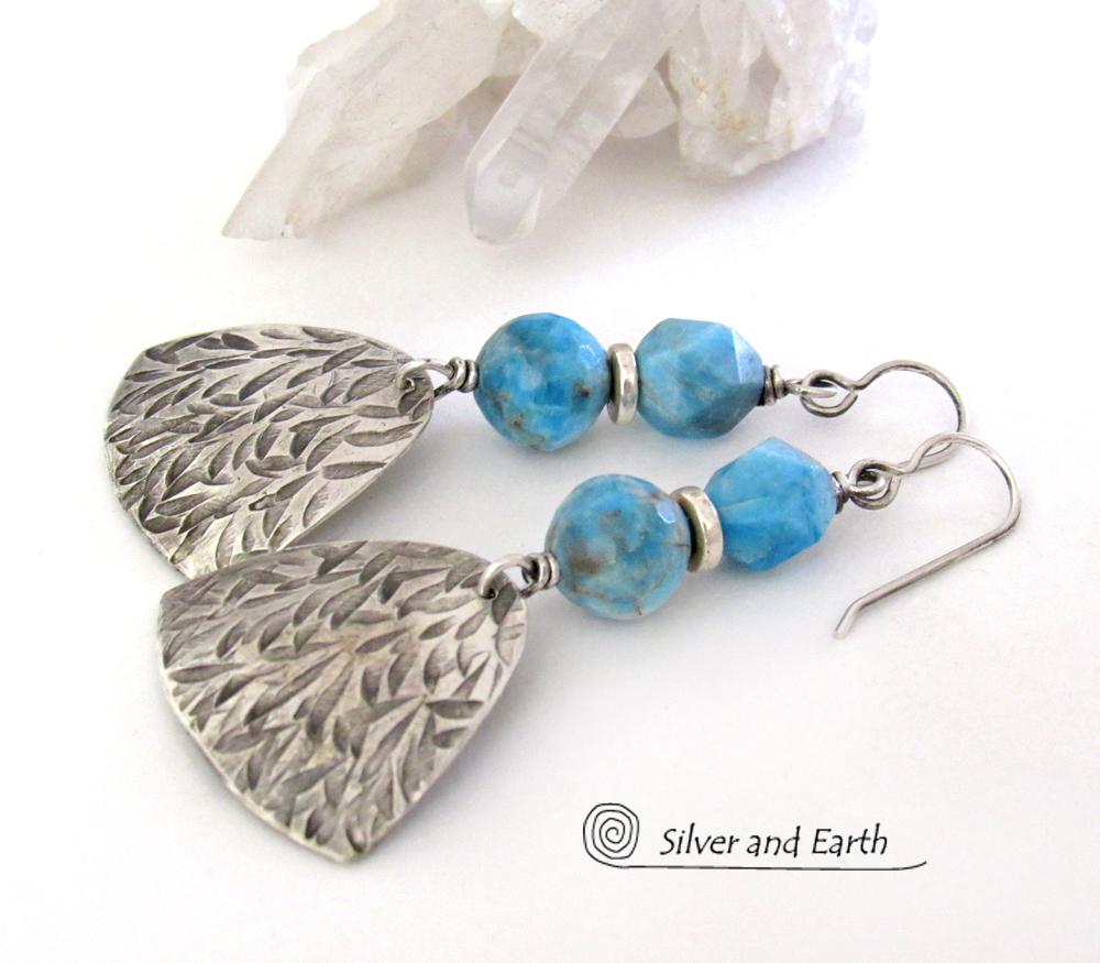 Textured Sterling Silver Earrings with Blue Apatite Gemstones -  Artisan Handcrafted Modern Sterling & Stone Jewelry