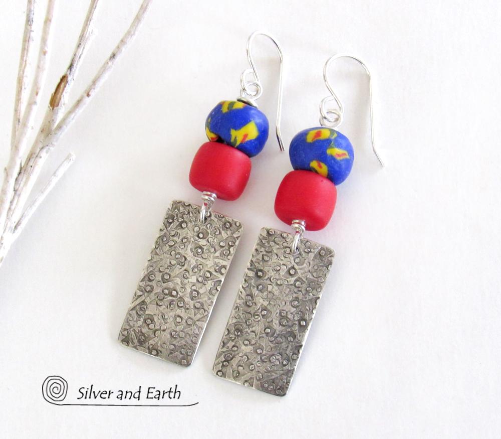 Boho Tribal Sterling Silver Earrings with Colorful African Glass Beads 