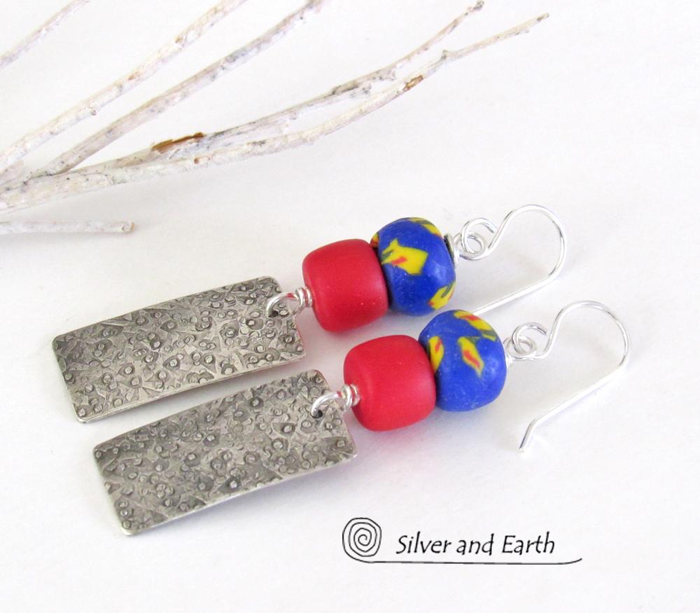 Boho Tribal Sterling Silver Earrings with Colorful African Glass Beads 