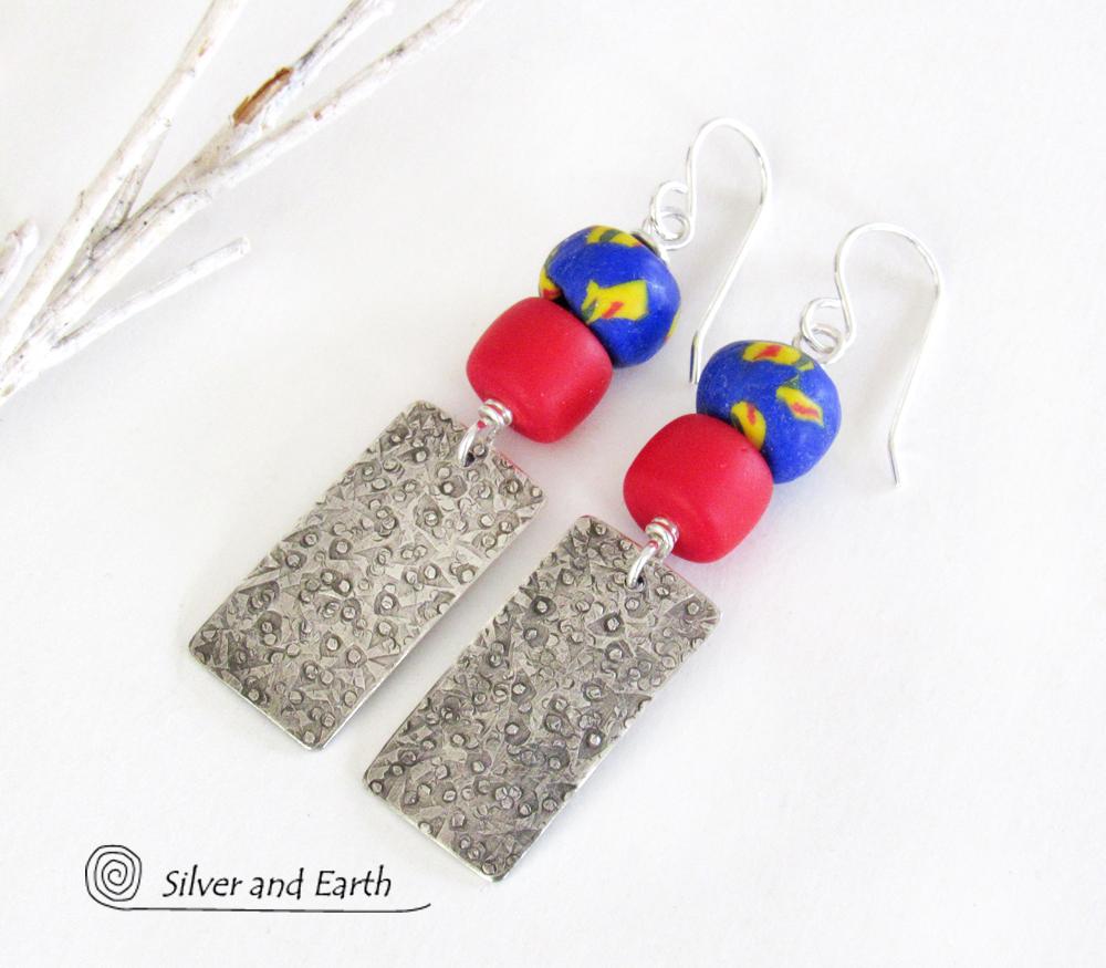 Boho Tribal Sterling Silver Earrings with Colorful African Glass Beads 