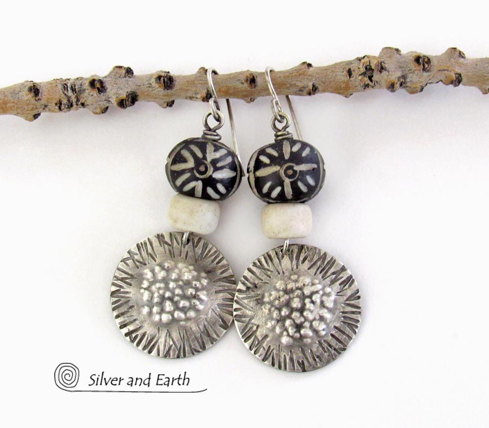 Textured Sterling Silver Earrings with African Carved Black Bone Beads - Bold Ethnic Tribal Style Jewelry