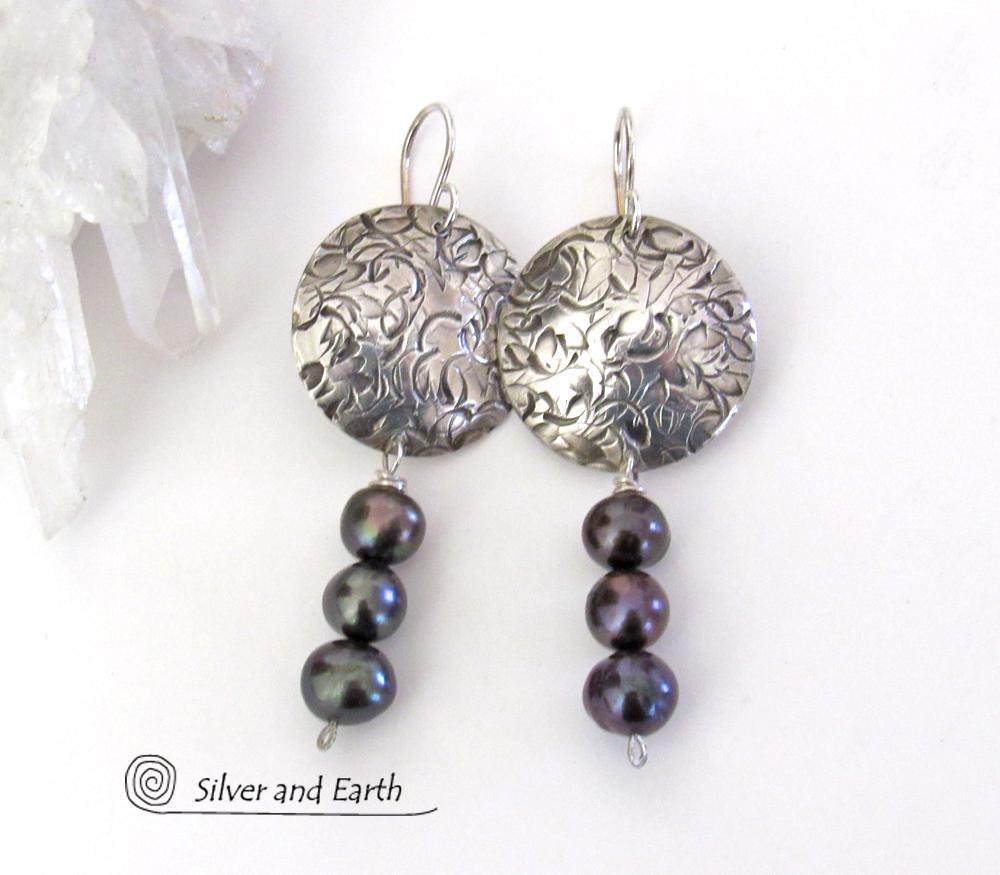 Classic Modern Sterling Silver Earrings with Dangling Peacock Blue Freshwater Pearls