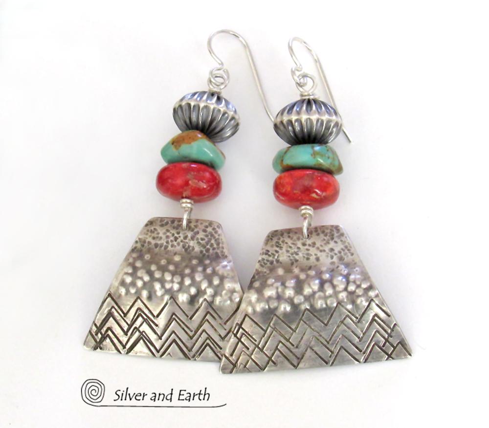 Sterling Silver Earrings with Turquoise and Red Coral - Modern Southwest Jewelry