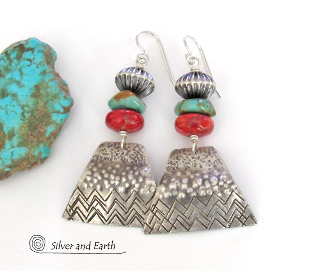 Sterling Silver Earrings with Turquoise and Red Coral - Modern Southwest Jewelry