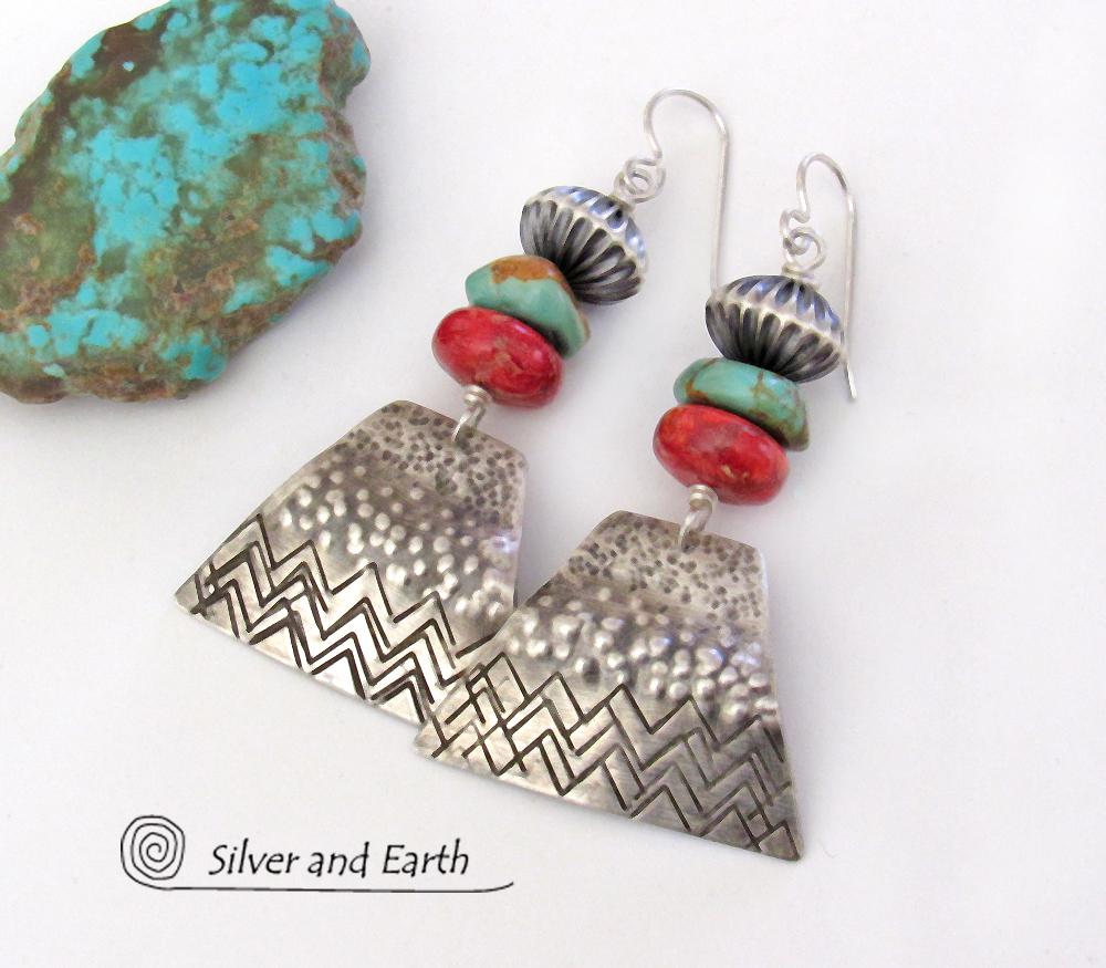 Sterling Silver Earrings with Turquoise and Red Coral - Modern Southwest Jewelry