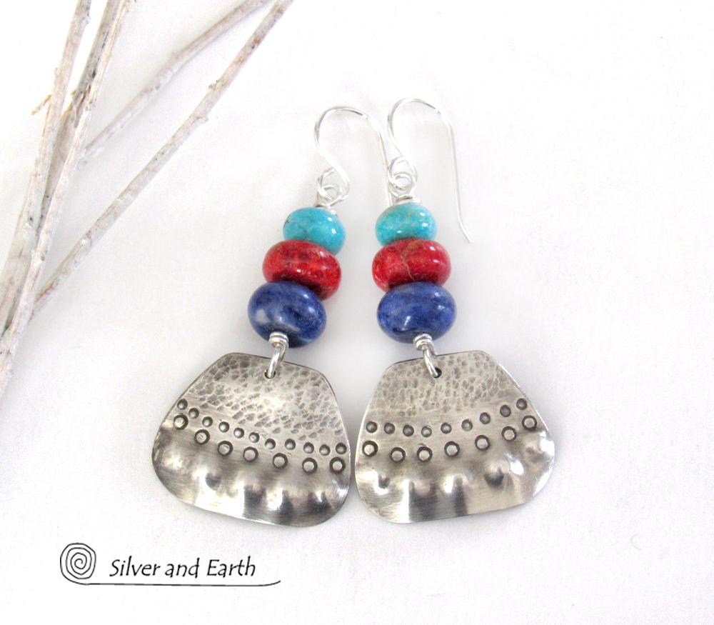 Sterling Silver Earrings with Turquoise, Red Coral & Sodalite - Artisan Handcrafted Boho Tribal Jewelry