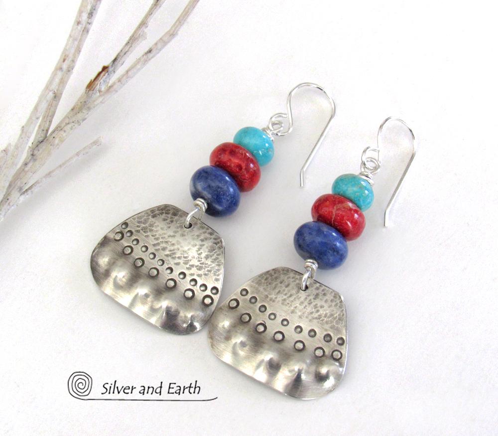 Sterling Silver Earrings with Turquoise, Red Coral & Sodalite - Artisan Handcrafted Boho Tribal Jewelry