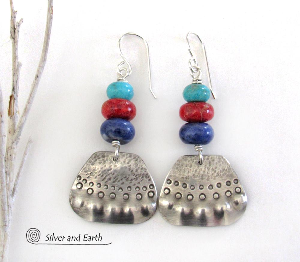 Sterling Silver Earrings with Turquoise, Red Coral & Sodalite - Artisan Handcrafted Boho Tribal Jewelry