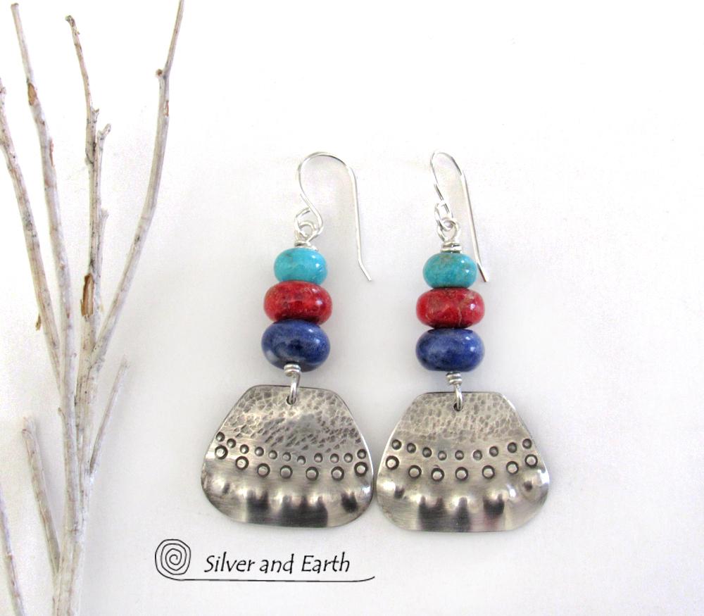 Sterling Silver Earrings with Turquoise, Red Coral & Sodalite - Artisan Handcrafted Boho Tribal Jewelry