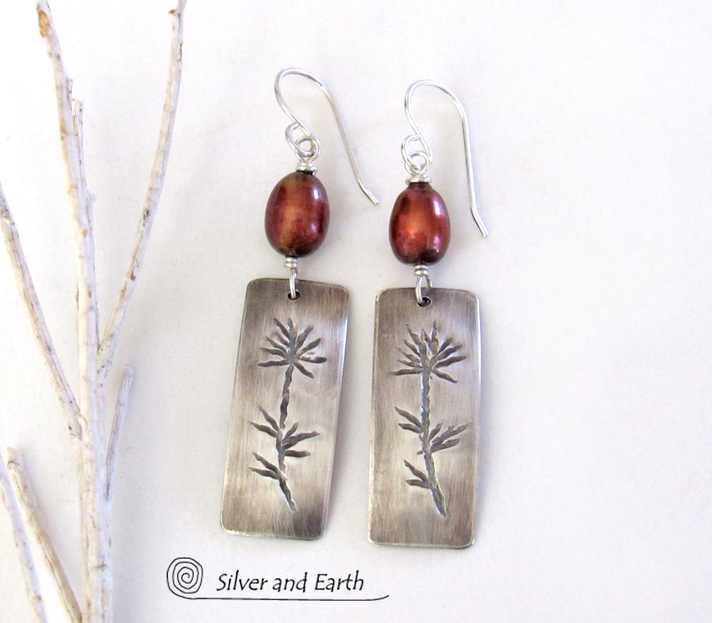 Sterling Silver Nature Earrings with Bronze Pearls and Flower Pattern