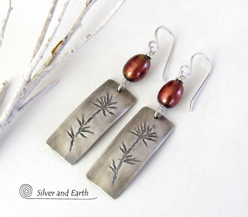 Sterling Silver Nature Earrings with Bronze Pearls and Flower Pattern