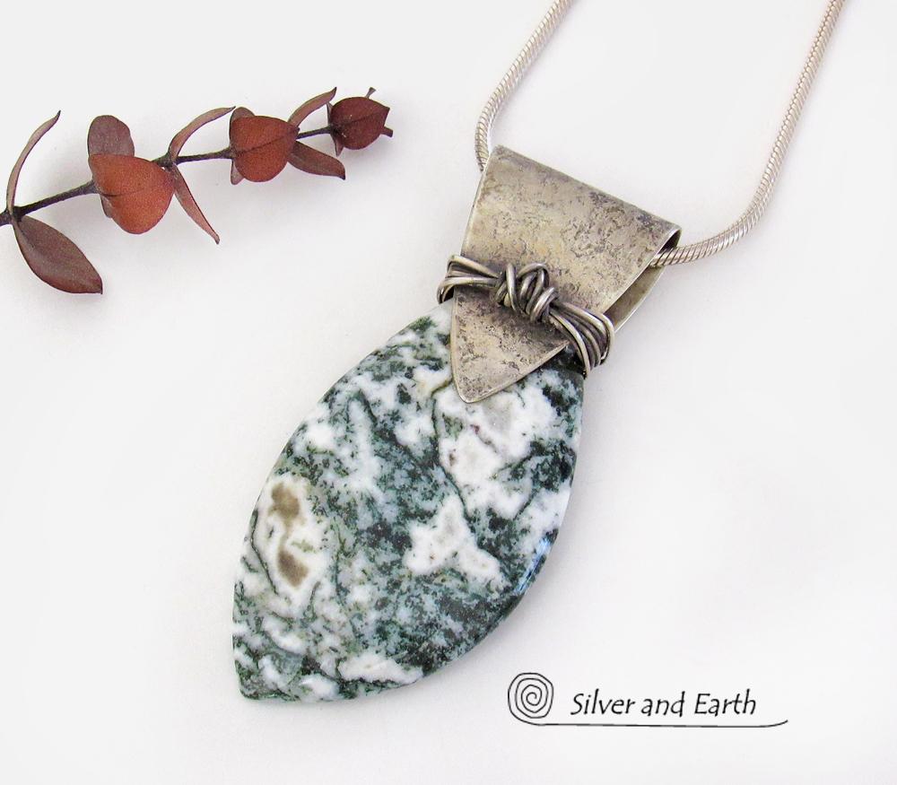 Green Tree Jasper Sterling Silver Necklace - Unique Natural Stone Jewelry