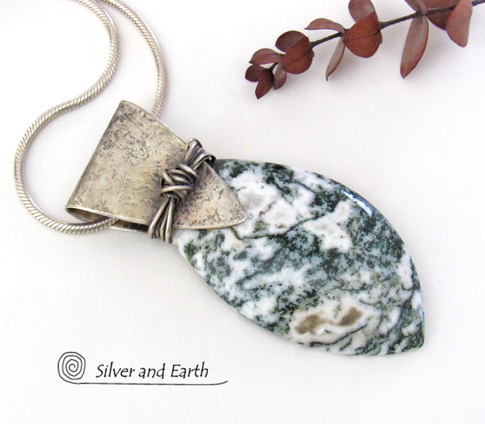Green Tree Jasper Sterling Silver Necklace - Unique Natural Stone Jewelry
