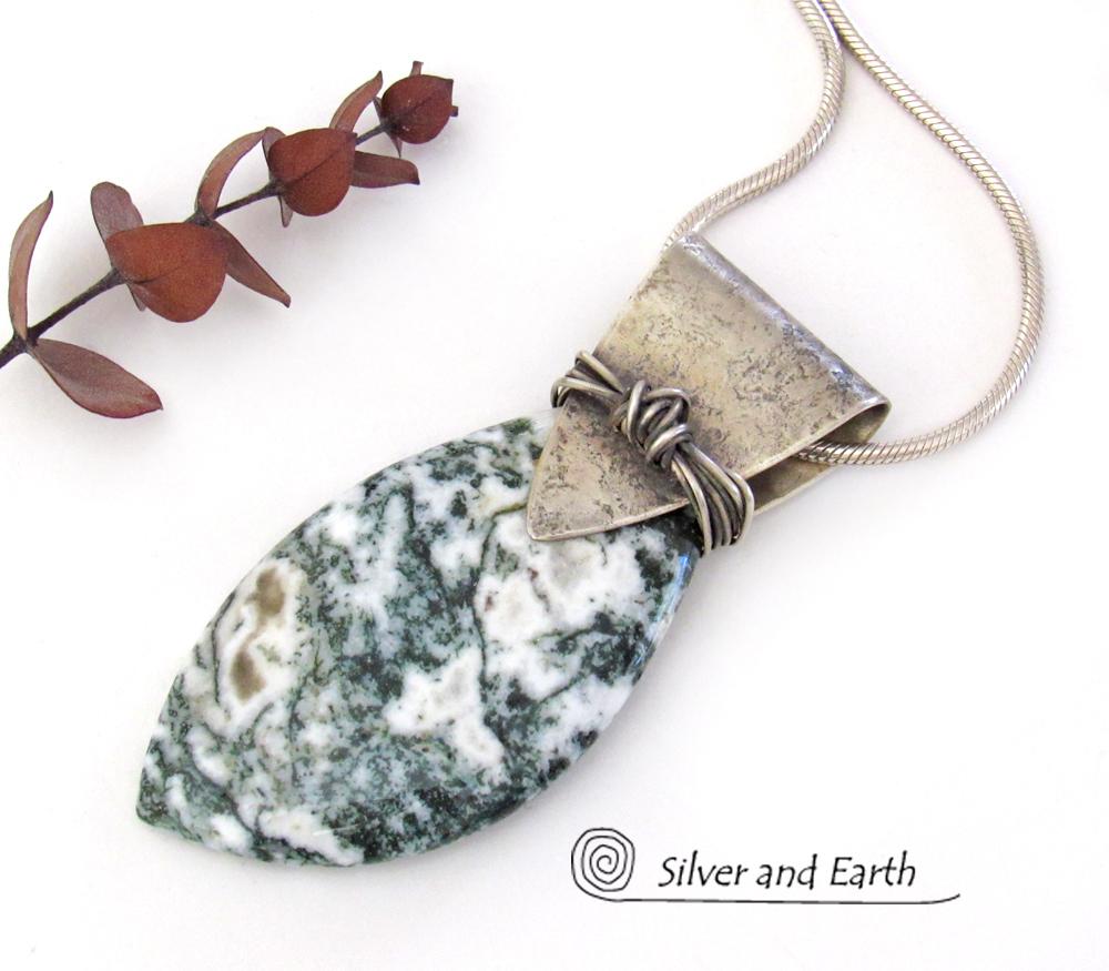 Green Tree Jasper Sterling Silver Necklace - Unique Natural Stone Jewelry