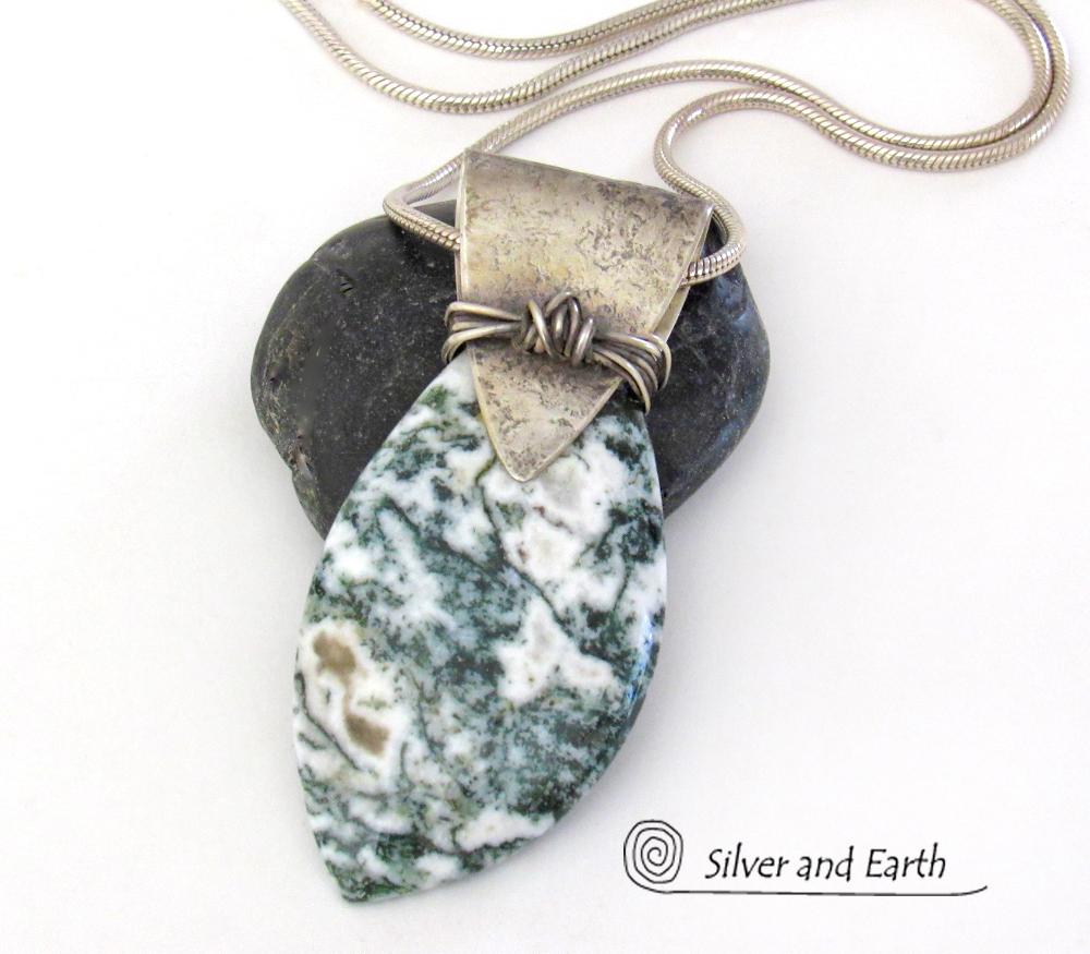 Green Tree Jasper Sterling Silver Necklace - Unique Natural Stone Jewelry