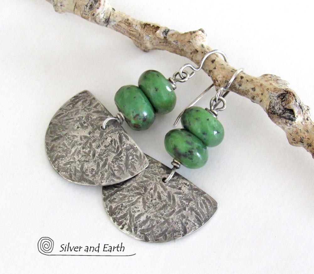 Rustic Hammered Sterling Silver Earrings with Earthy Natural Green Serpentine Stones 