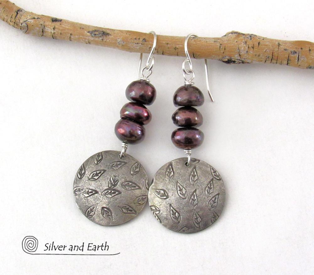 Sterling Silver Earrings with Hand Stamped Leaves & Dark Bronze Pearls - Earthy Nature Jewelry 