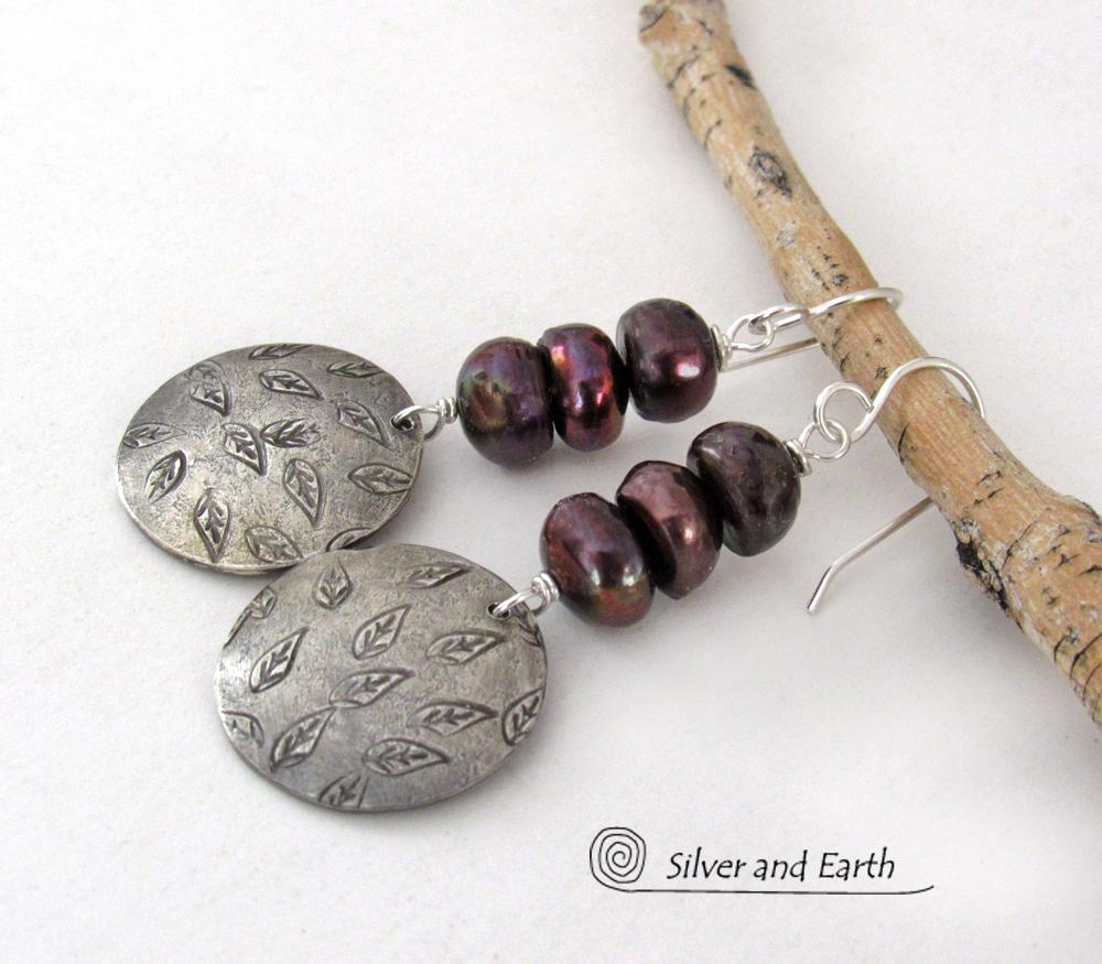 Sterling Silver Earrings with Hand Stamped Leaves & Dark Bronze Pearls - Earthy Nature Jewelry 