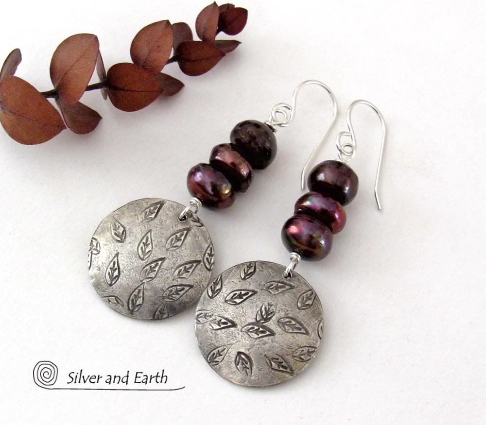 Sterling Silver Earrings with Hand Stamped Leaves & Dark Bronze Pearls - Earthy Nature Jewelry 