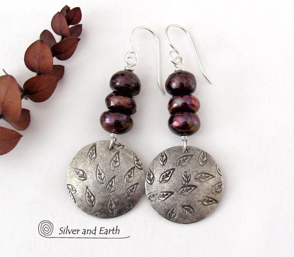 Sterling Silver Earrings with Hand Stamped Leaves & Dark Bronze Pearls - Earthy Nature Jewelry 