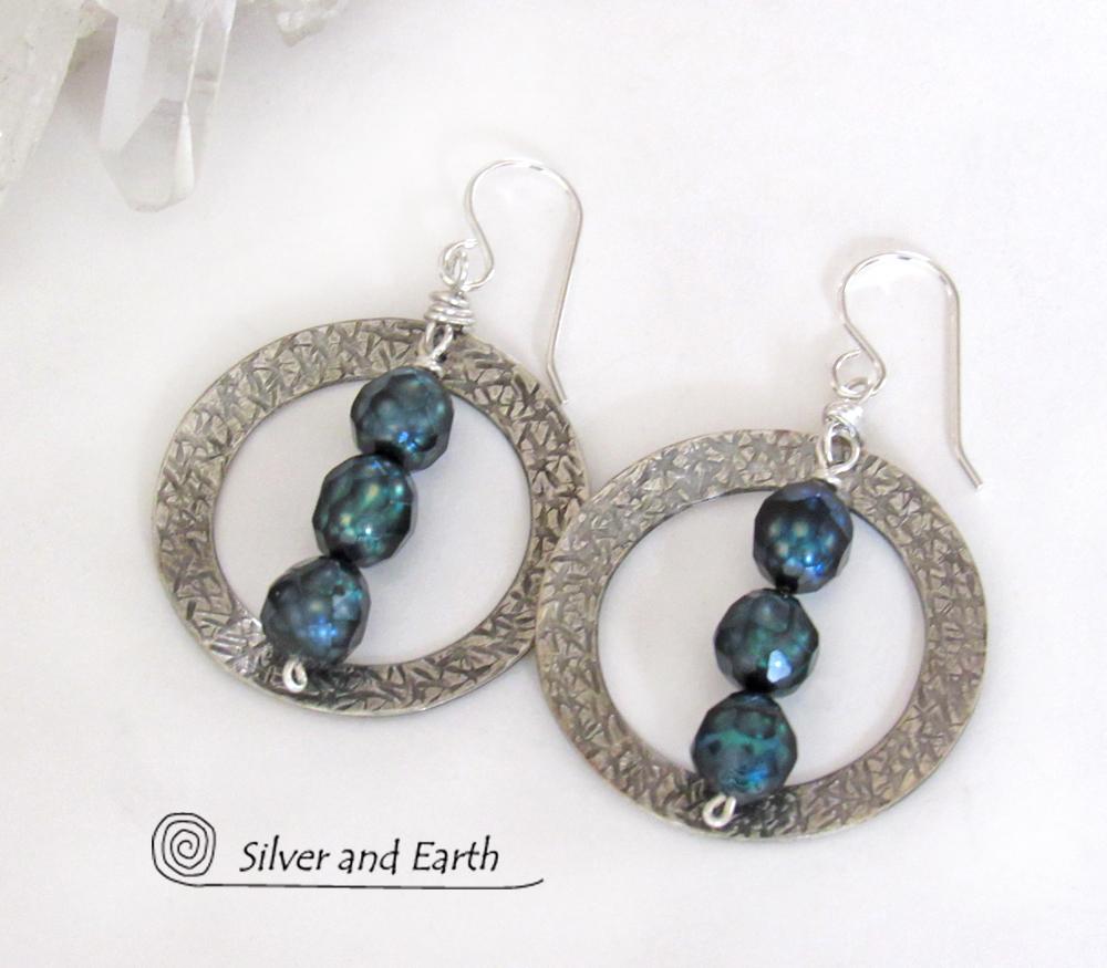 Sterling Silver Hoop Earrings with Faceted Blue Freshwater Pearls - Dressy Elegant Modern Silver Jewelry