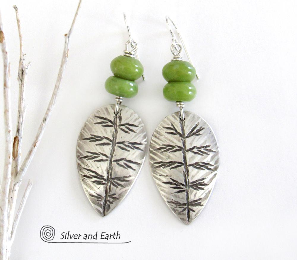 Sterling Silver Leaf Earrings with Green Serpentine Stones - Earthy Modern Nature Jewelry