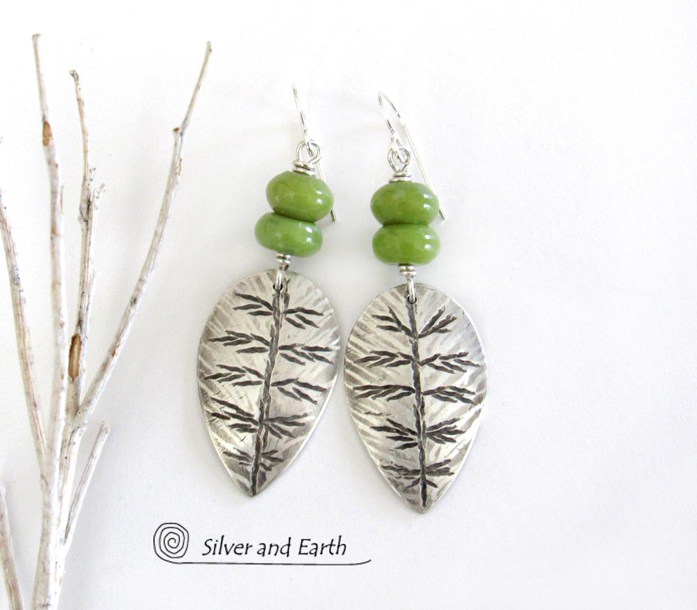 Sterling Silver Leaf Earrings with Green Serpentine Stones - Earthy Modern Nature Jewelry