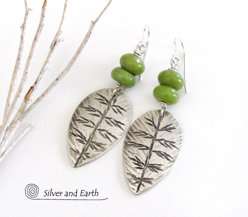 Sterling Silver Leaf Earrings with Green Serpentine Stones - Earthy Modern Nature Jewelry