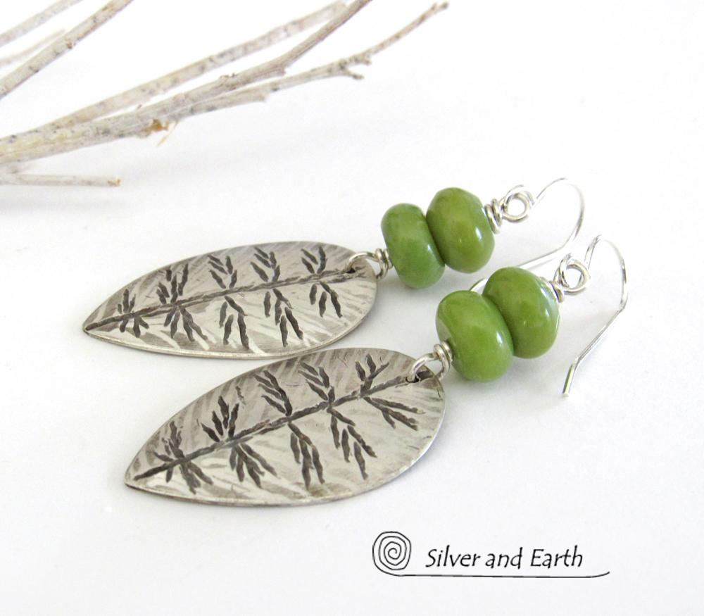 Sterling Silver Leaf Earrings with Green Serpentine Stones - Earthy Modern Nature Jewelry