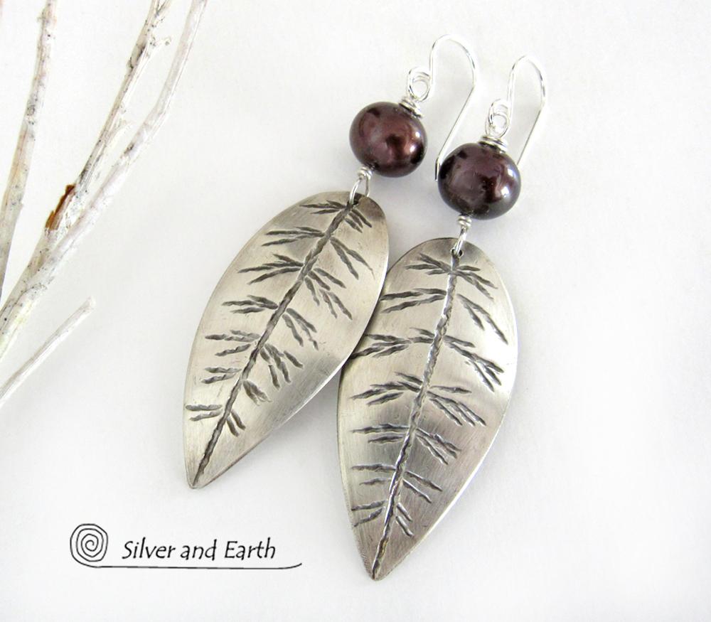 Sterling Silver Leaf Earrings with Bronze Pearls - Earthy Nature Jewelry